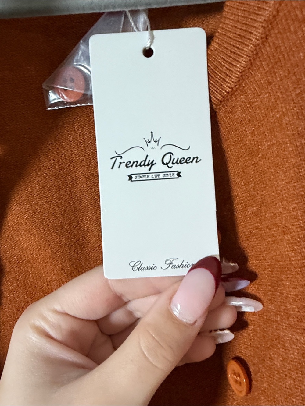 Classic Crewneck Button-Front Cardigan in Rust - Picture 4 of 6